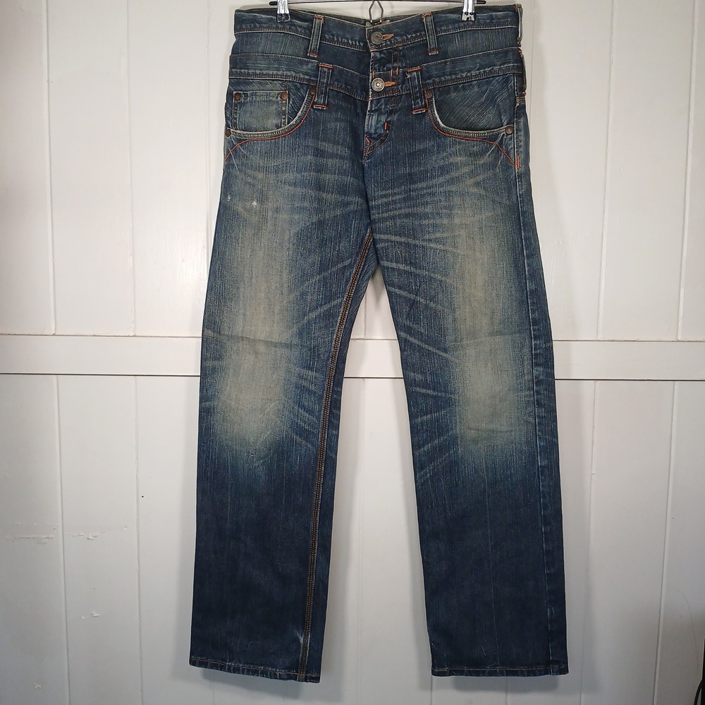 Edwin 414 XVS Jeans Mens 34 Tall (36x34) Blue Straight Leg Contrast Stitch